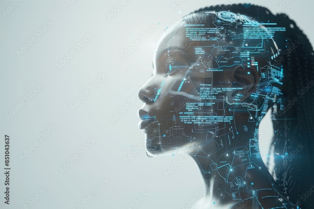 Profile of a woman with intricate digital circuitry overlay, representing advanced technology and AI integration. Light, futuristic theme with glowing blue accents. Profile of a woman with intricate digital circuitry overlay, representing advanced technology and AI integration. Light, futuristic theme with glowing blue accents.