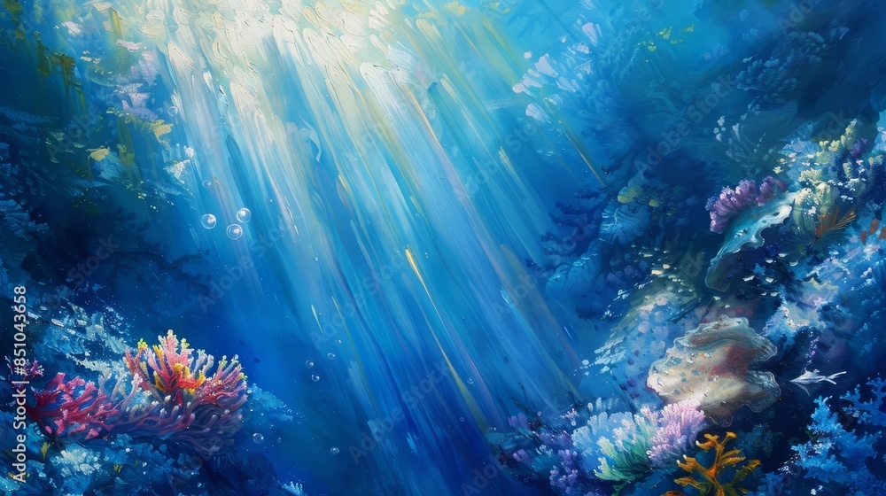 Obraz premium Underwater blue coral sunlight filtering through waves