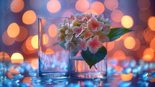   A close-up of a flower in a glass of water with a bouquet of lights in the background is beautifully captured in this image The soft, warm light from the bouquet illumin photo