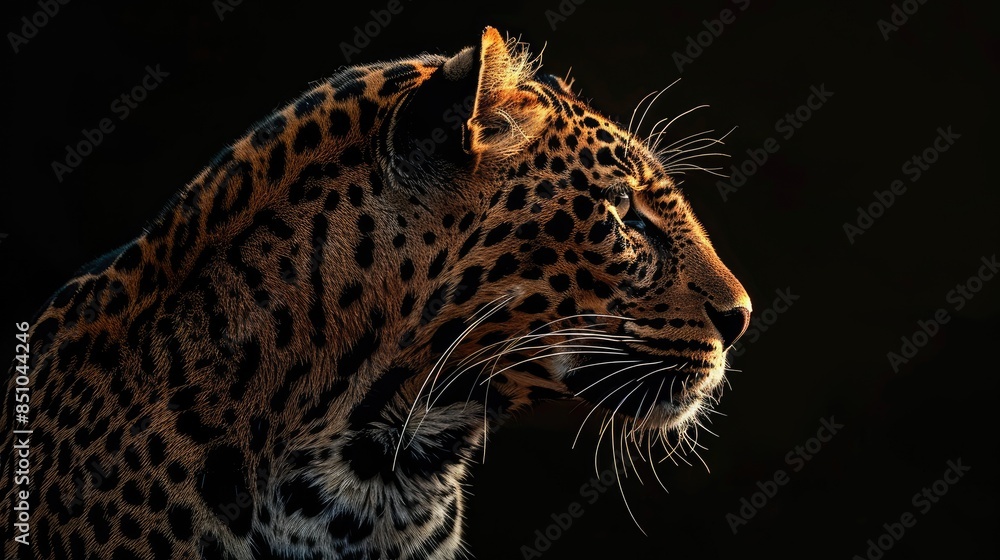Obraz premium Leopard portrait captured in sunlight highlighting one side of its head