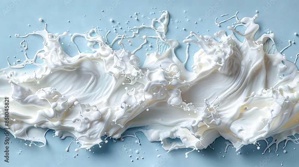 A close-up image of a drop of milk on a blue surface with drips from above A close-up image of a drop of milk on a blue surface with drips from above