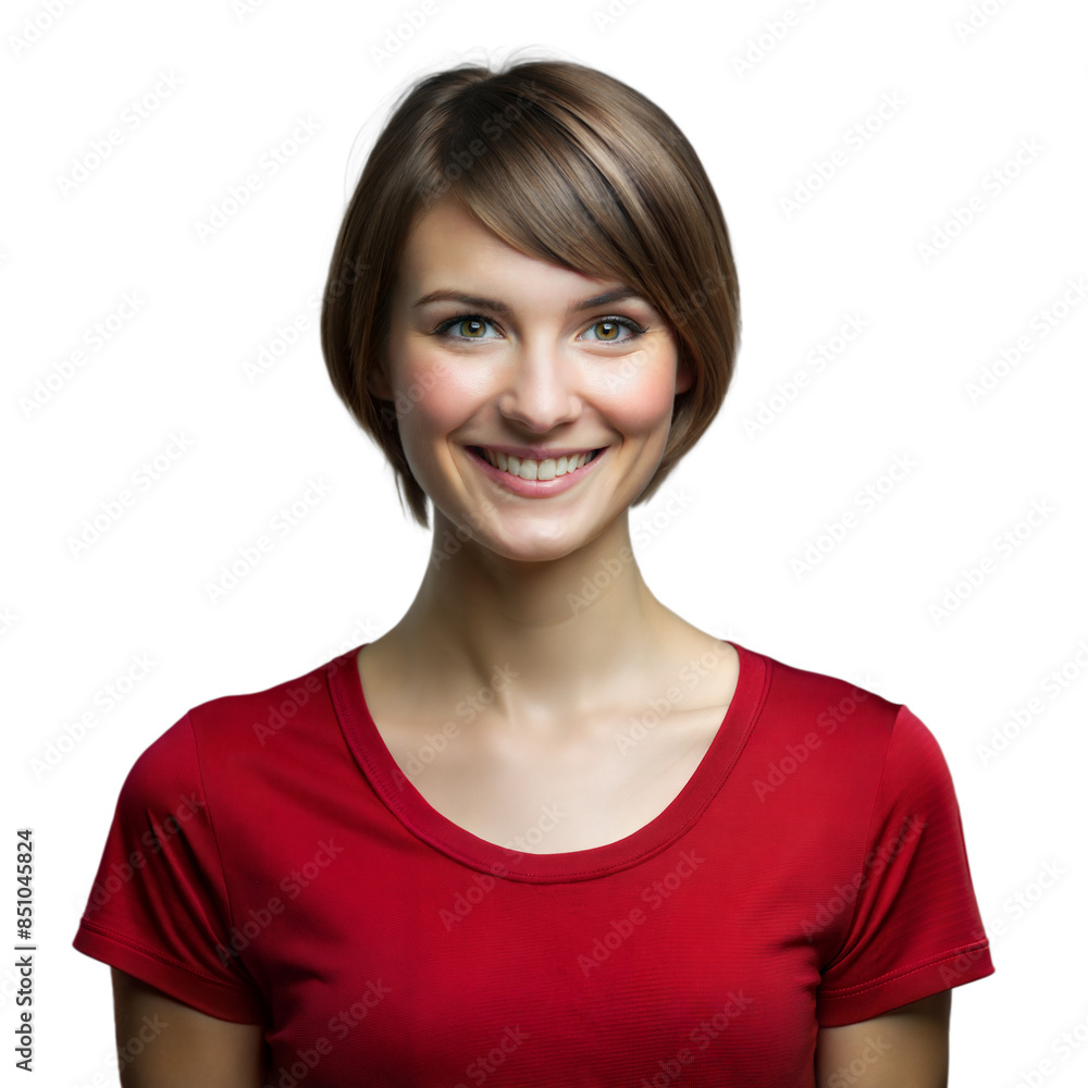 Smiling Woman With Short Brown Hair Wearing Red T-Shirt Against Transparent Background Smiling Woman With Short Brown Hair Wearing Red T-Shirt Against Transparent Background