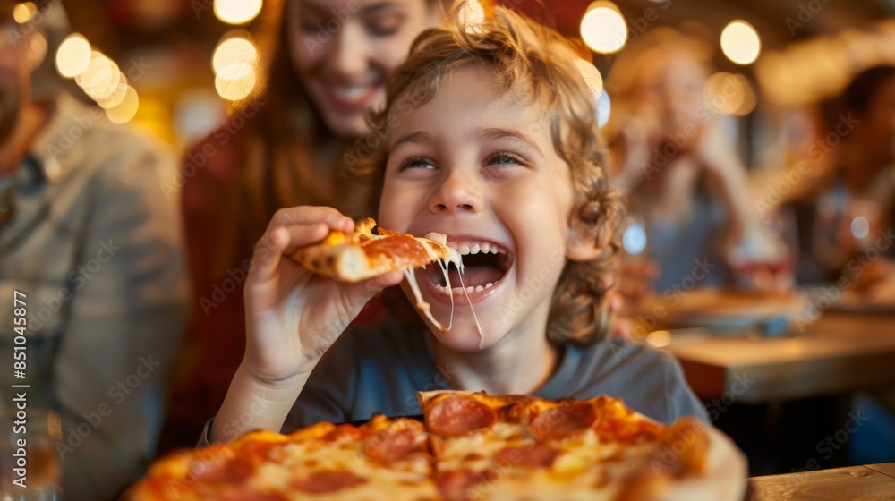 A young boy with curly hair smiles and enjoys eating a slice of pizza in a restaurant setting. He is sitting at a table with a large pizza in front of him. A young boy with curly hair smiles and enjoys eating a slice of pizza in a restaurant setting. He is sitting at a table with a large pizza in front of him.