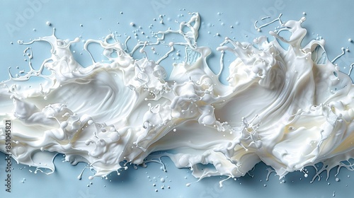  A close-up image of a drop of milk on a blue surface with drips from above