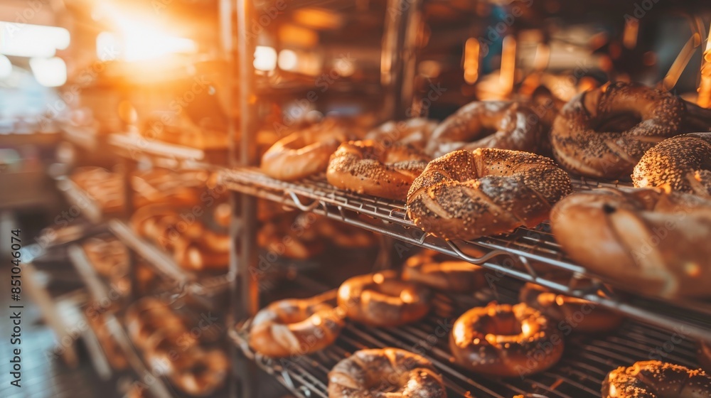 an industrial bakery factory, with bakers baking bread and bagels in large ovens amidst a flurry of commercial food production. an industrial bakery factory, with bakers baking bread and bagels in large ovens amidst a flurry of commercial food production.
