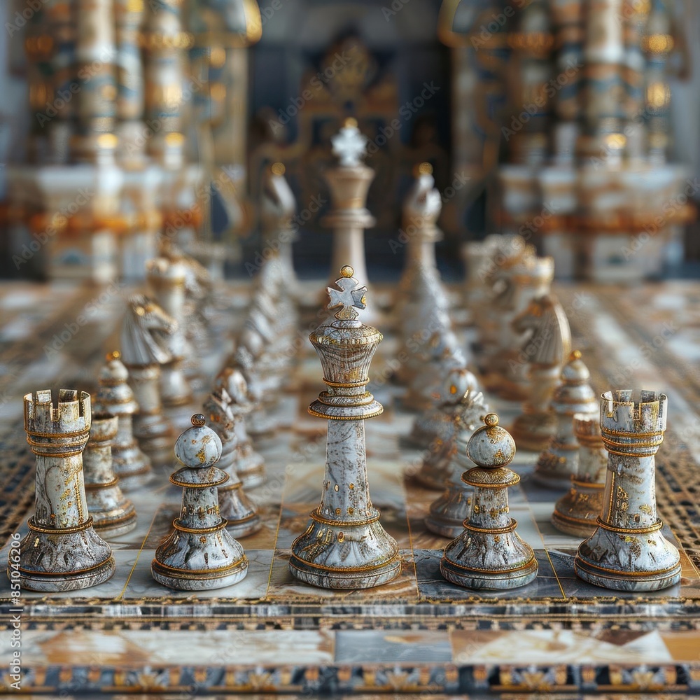 Intricate marble chess set displayed in an ornate setting, showcasing beautiful craftsmanship and detailed design against a blurred background. Intricate marble chess set displayed in an ornate setting, showcasing beautiful craftsmanship and detailed design against a blurred background.