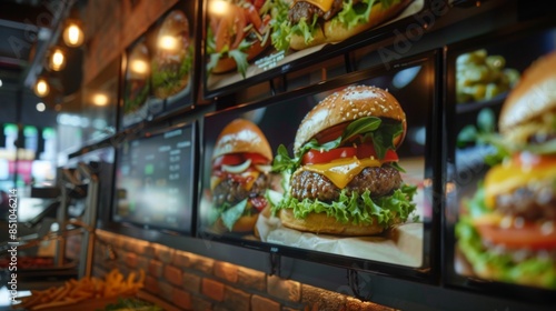 A close-up view of a restaurant menu display featuring several large screen televisions showing mouthwatering images of gourmet burgers. © Prostock-studio