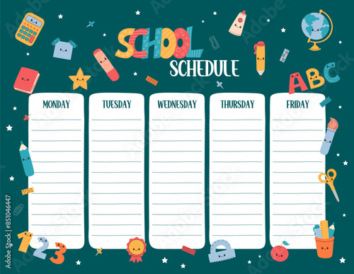 School Schedule template printable US Letter size vector. Weekly class timetable, lesson planner students, kids daily routine chart. Funny doodle hand drawn outline design with educational elements