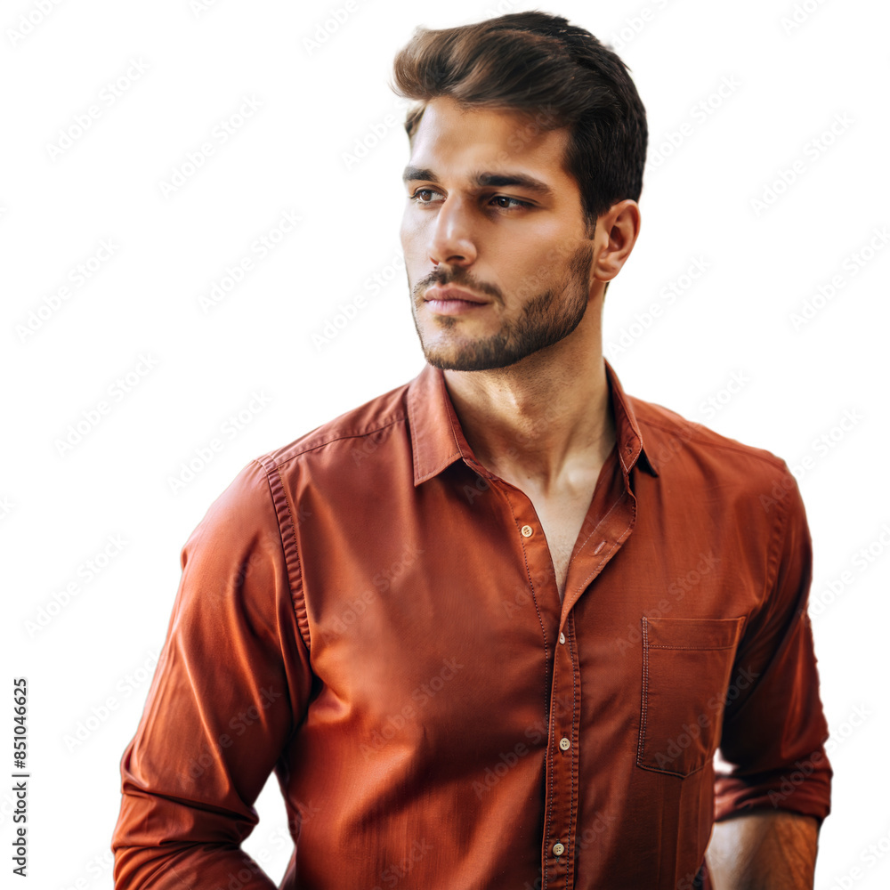 Fototapeta premium Young Man Wearing a Brown Button-Down Shirt With a Casual Pose on Transparent Background