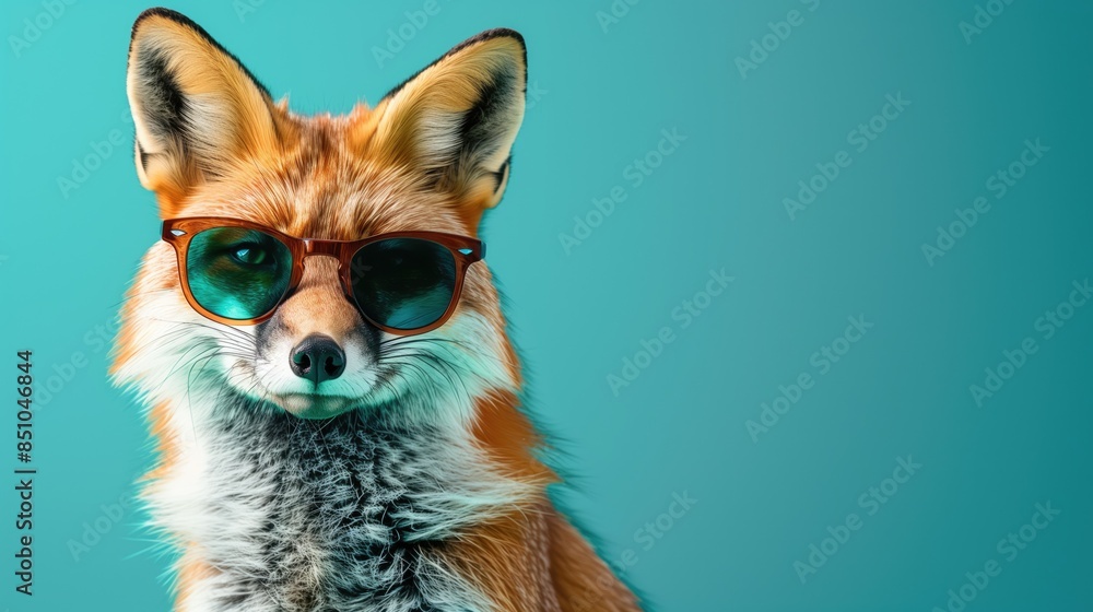 Obraz premium Fox wearing sunglasses on blue turquoise background travel advertising campaign copyspace