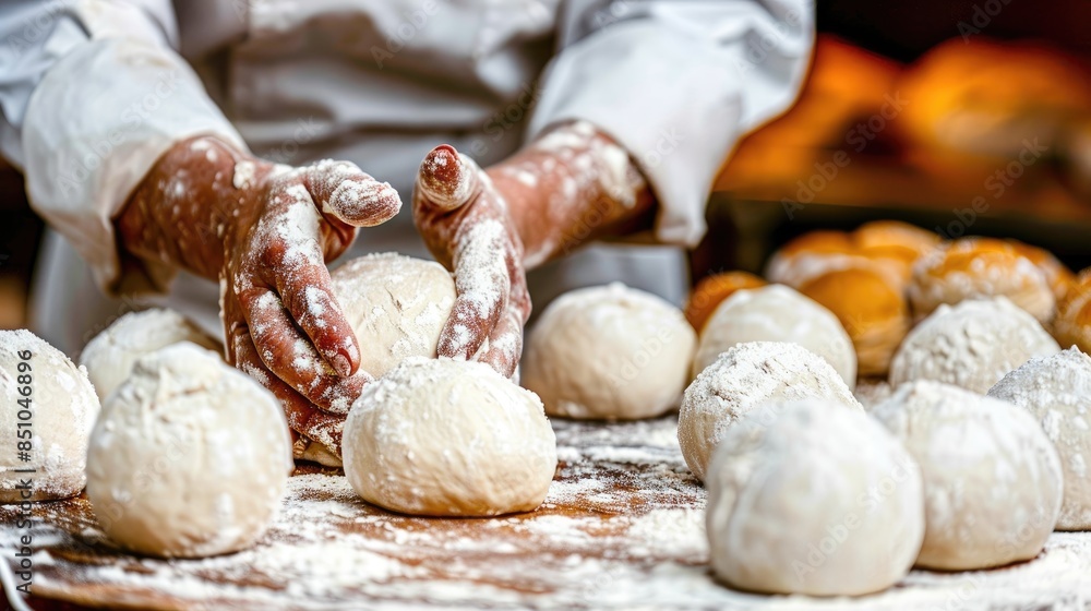 Fototapeta premium cute doughs arranged on a table in a bakery, with a close-up of a woman's hands skillfully rolling out pizza dough at a food production line, against a blurred background.