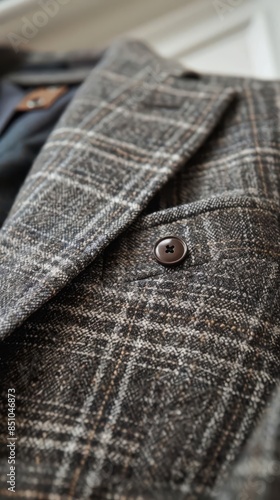 Close-up view of a stylish plaid blazer with button detail. The combination of classic design and modern texture creates a timeless look.