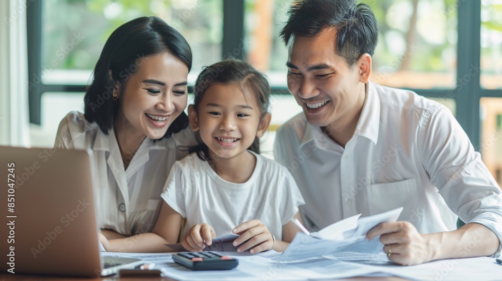 Smiling Thai Family Reviewing Finances Together at Home with Laptop and Calculator Smiling Thai Family Reviewing Finances Together at Home with Laptop and Calculator