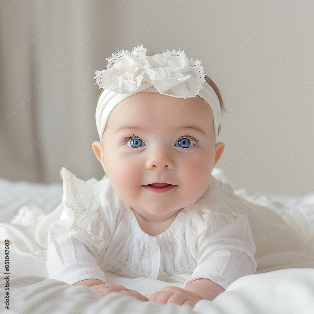 Baby Girl with Floral Headband on White Bed, Soft Light, AI Generation Baby Girl with Floral Headband on White Bed, Soft Light, AI Generation