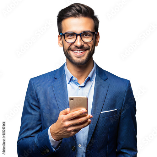 Smiling Businessman Using Smartphone In Blue Suit on Transparent Background