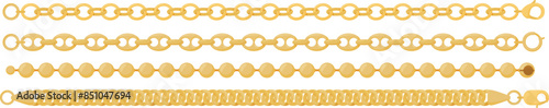 Golden jewelry chains patterns different designs. Luxury fashion accessories gold links variety. Jewelry bracelets golden chain design isolated white background