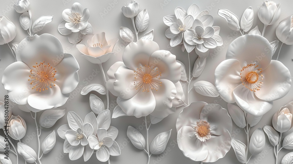 White flowers on gray background with white leaves on top of image White flowers on gray background with white leaves on top of image