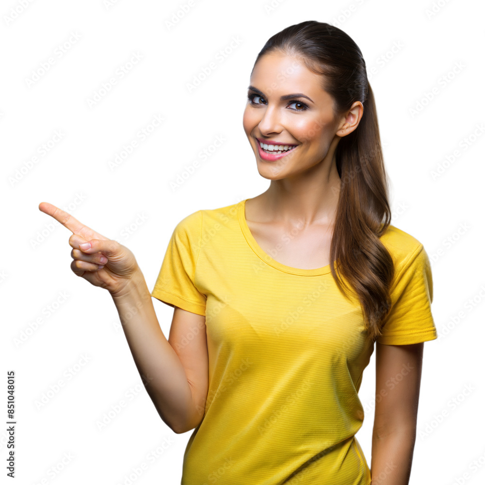 Smiling Woman in Yellow T-Shirt Pointing to the Right With on Transparent Background Smiling Woman in Yellow T-Shirt Pointing to the Right With on Transparent Background