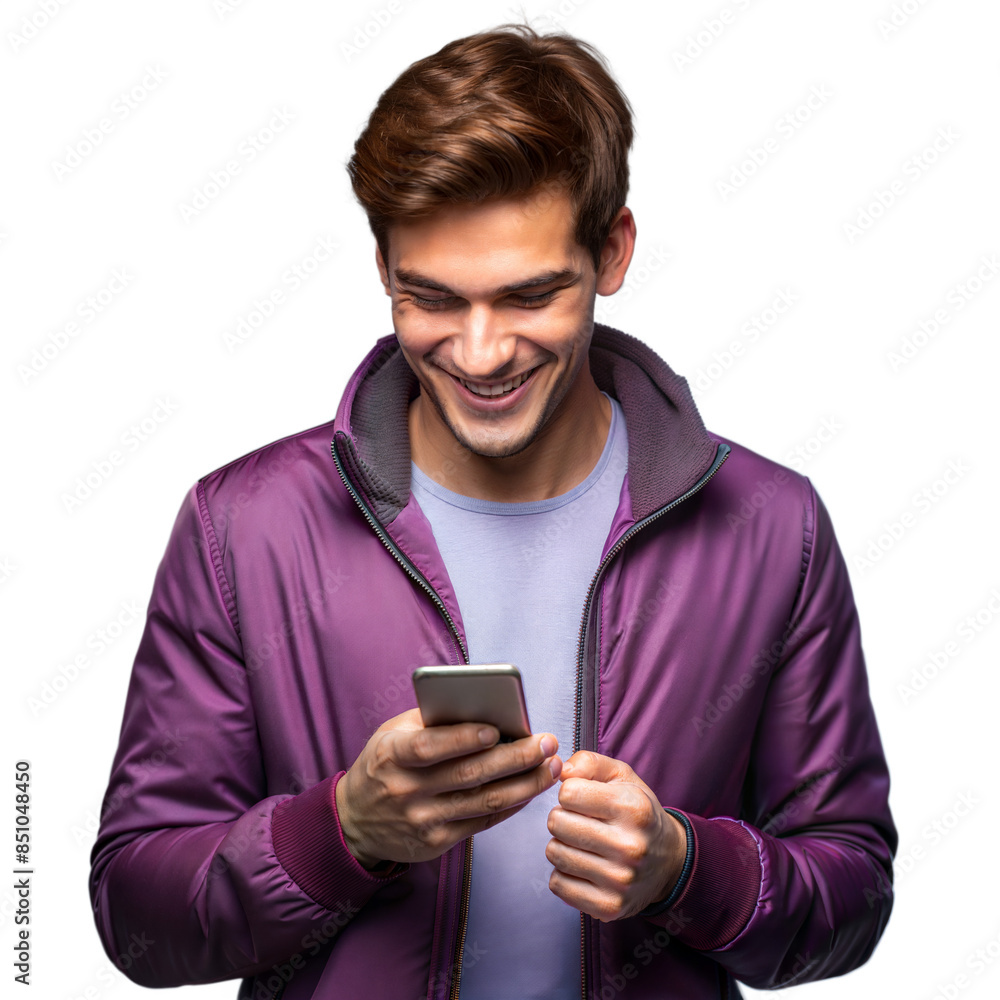 Happy Young Man Using Smartphone While Wearing Purple Jacket on Transparent Background Happy Young Man Using Smartphone While Wearing Purple Jacket on Transparent Background