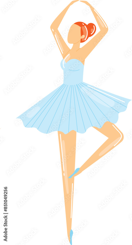 Naklejka premium Ballerina performing ballet pose blue dress vector illustration. Female dancer ballet blue tutu graceful isolated white background, dancer practicing, ballerina outfit vector art