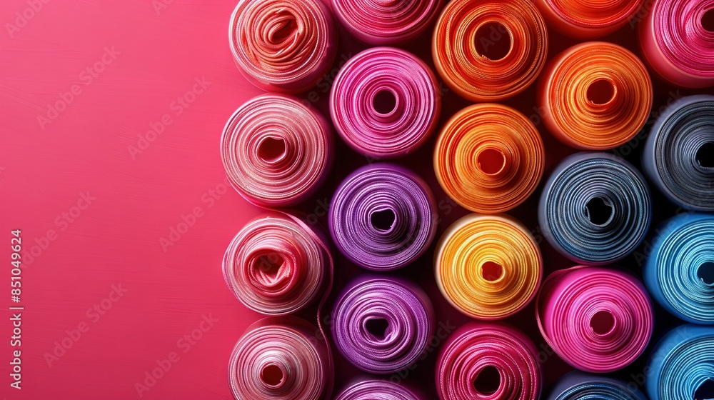 A vibrant set of rainbow-colored yarn balls against a soft pink backdrop, with ample room for text overlay A vibrant set of rainbow-colored yarn balls against a soft pink backdrop, with ample room for text overlay