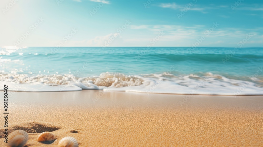 Sand and sea foam. Sunny beach with gentle waves under a clear blue sky. Sand and sea foam. Sunny beach with gentle waves under a clear blue sky.