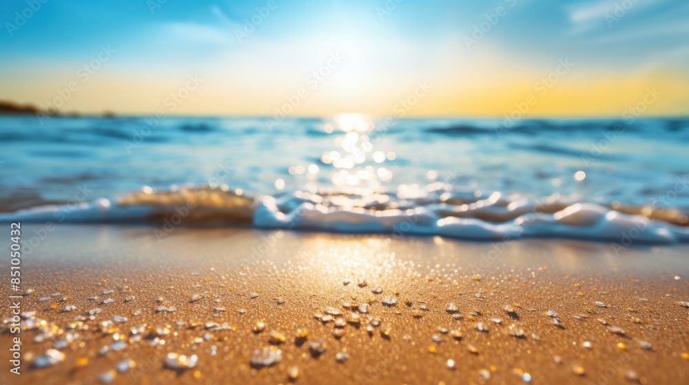 Sand and sea foam. Sunny beach with gentle waves under a clear blue sky. Sand and sea foam. Sunny beach with gentle waves under a clear blue sky.