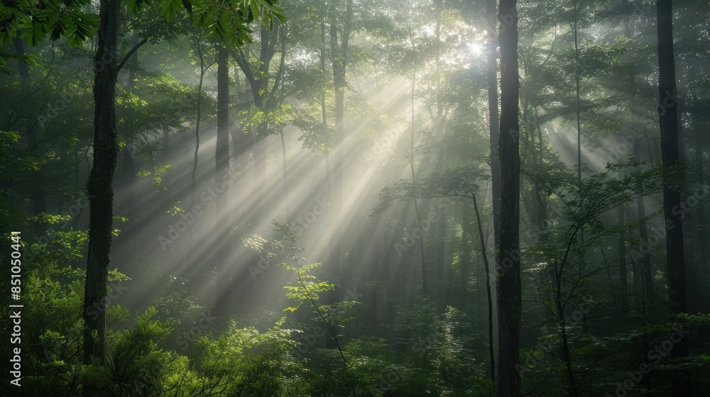 Obraz premium Serene forest clearing bathed in sunlight, bordered by tall, sturdy trees. Sunlit forest clearing with lush green grass and trees.