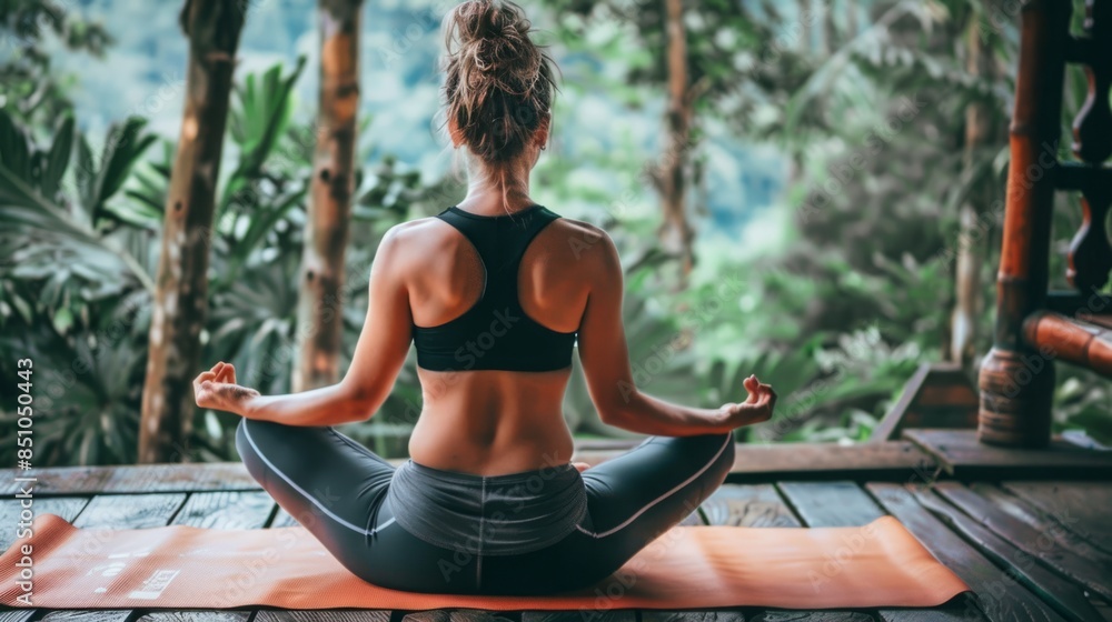 Fototapeta premium A woman sits in a yoga pose on a wooden deck, surrounded by lush green tropical foliage.