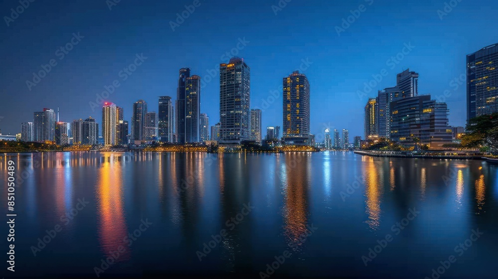 Nighttime cityscape skyline at night, illuminated and reflecting on calm waters Nighttime cityscape skyline at night, illuminated and reflecting on calm waters