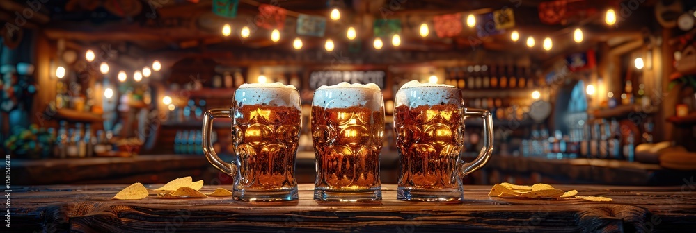 Obraz premium Three frothy beers on a bar counter, glowing warmly