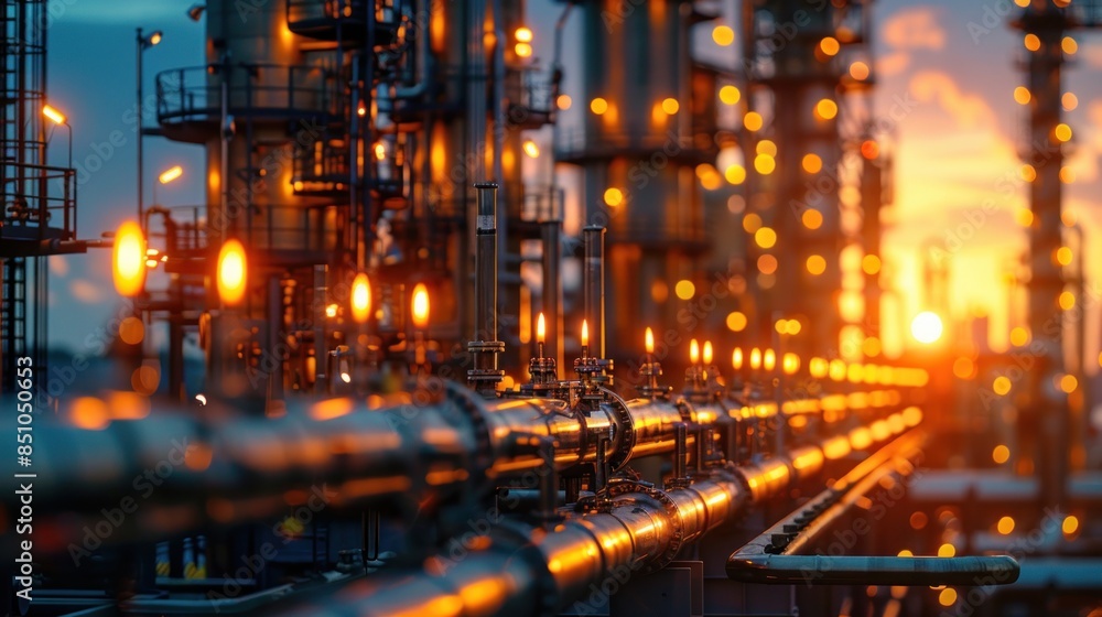 A close-up of a network of pipes at an industrial refinery illuminated by the setting sun