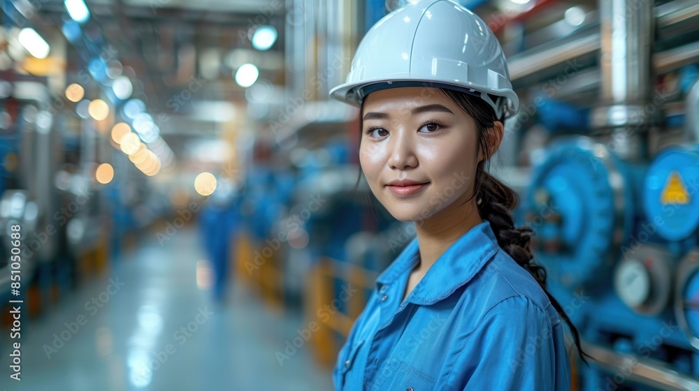 A female engineer stands in a modern manufacturing facility, wearing a safety helmet and a blue jumpsuit A female engineer stands in a modern manufacturing facility, wearing a safety helmet and a blue jumpsuit