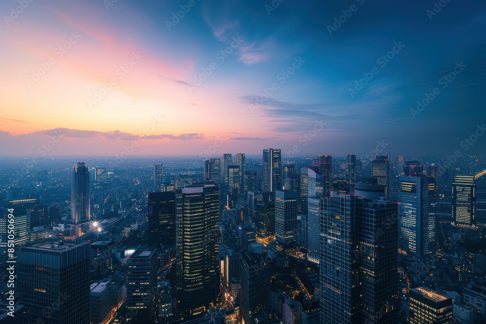 Fototapeta premium Beautiful cityscape at dusk with illuminated buildings and a cloudy sky.