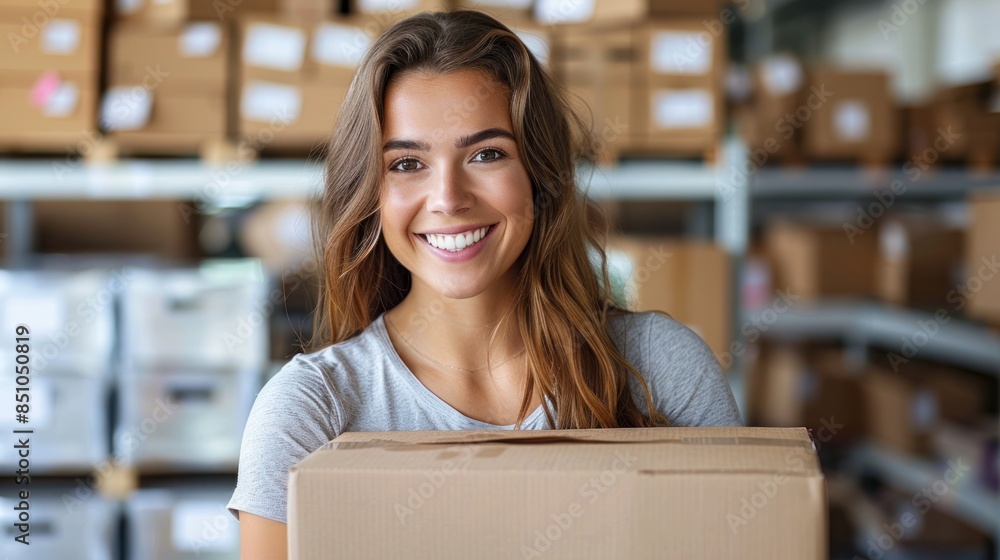 Fototapeta premium A woman smiles brightly as she holds a cardboard box in a warehouse filled with shelves of packages