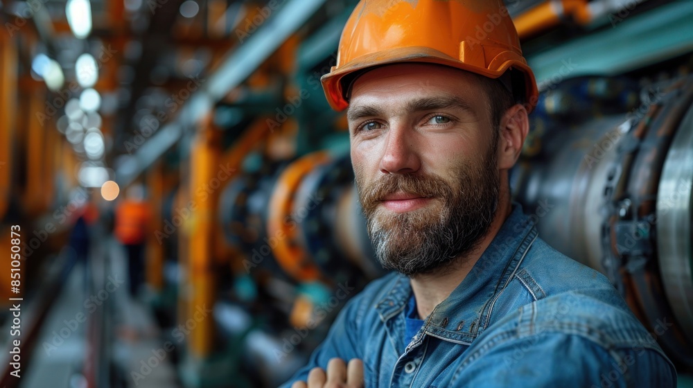 A close-up portrait of a worker in a factory, wearing a hard hat and blue overalls