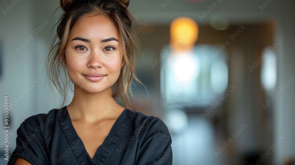 Fototapeta premium A portrait of a young woman wearing a dark blue scrub top