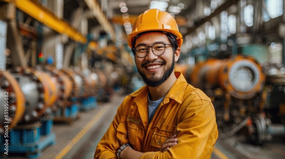 A man in a yellow hard hat and overalls smiles as he stands in a factory setting A man in a yellow hard hat and overalls smiles as he stands in a factory setting