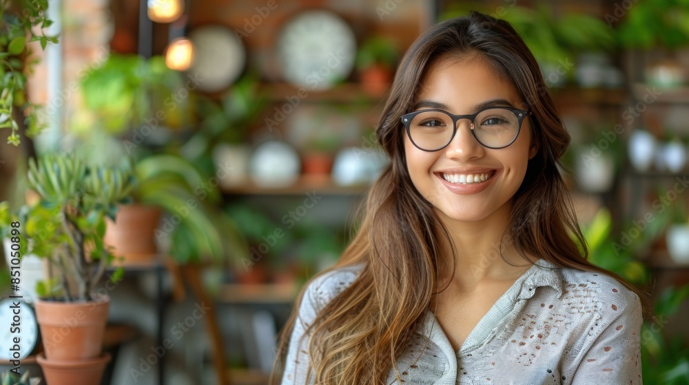 A woman smiles warmly, her eyes sparkling behind glasses, as she poses amidst a background of lush greenery A woman smiles warmly, her eyes sparkling behind glasses, as she poses amidst a background of lush greenery