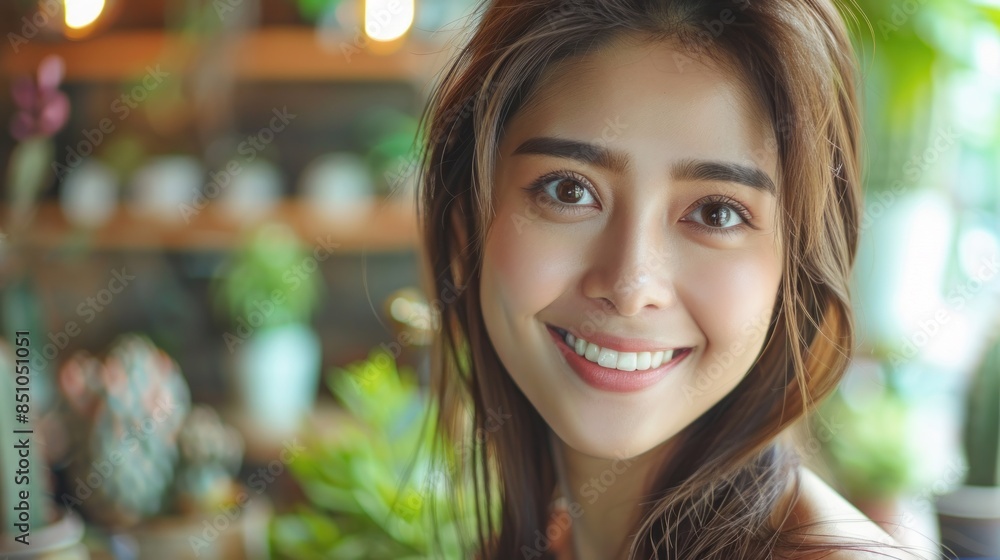 A young woman smiles brightly, her long brown hair illuminated by sunlight, surrounded by greenery A young woman smiles brightly, her long brown hair illuminated by sunlight, surrounded by greenery