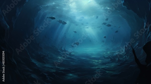 Underwater scene with sunlight, fish, and coral reefs.