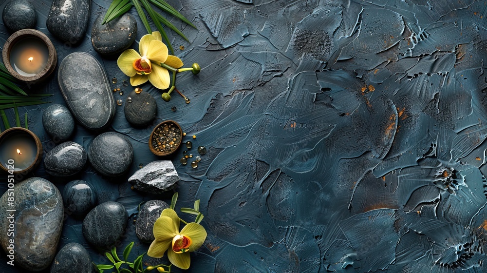 Obraz premium Zen stones. Spa background with spa accessories on a dark background. Free space for your text