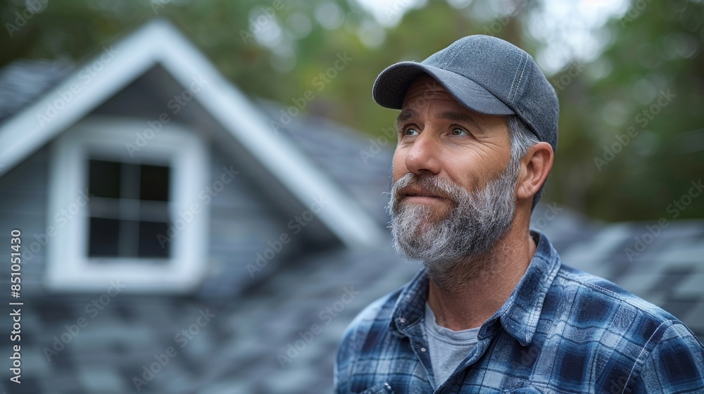 Old man in blue shirt & cap, grey beard, gazes upward with a pensive look in front of a house Old man in blue shirt & cap, grey beard, gazes upward with a pensive look in front of a house