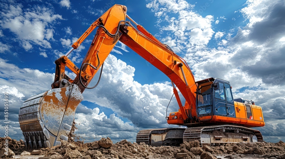 An orange excavator digs through the dirt with its large metal bucket An orange excavator digs through the dirt with its large metal bucket