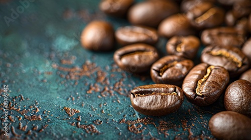  A mound of brown coffee beans sits on a blue countertop with another stack of coffee beans nearby