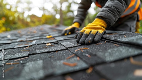 A close-up of a roofers gloved hands placing asphalt shingles on a roof