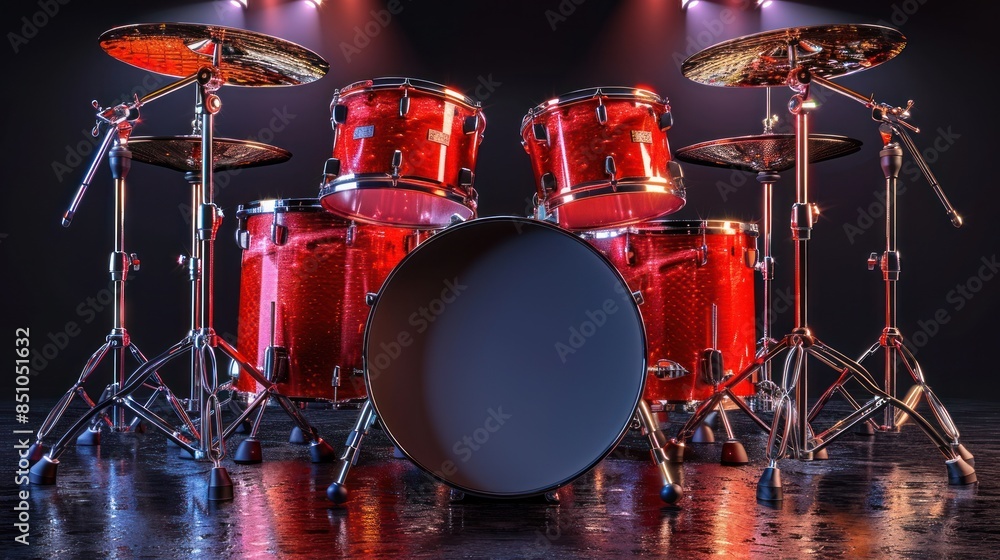 A red drum set stands ready under spotlights, with cymbals and drums waiting to be played A red drum set stands ready under spotlights, with cymbals and drums waiting to be played