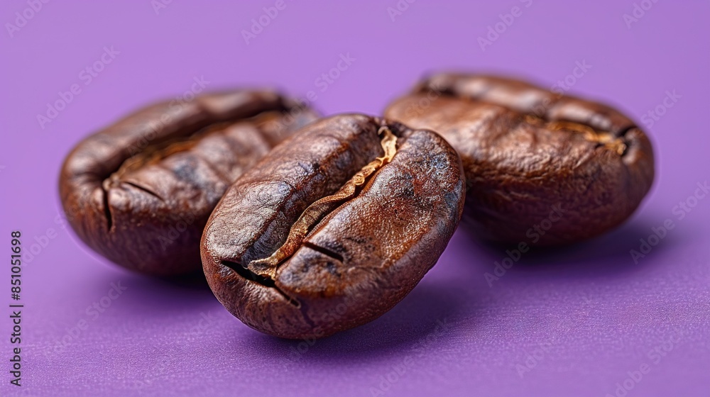 Purple background with close-up of three coffee beans and space to write Coffee on the side Purple background with close-up of three coffee beans and space to write Coffee on the side