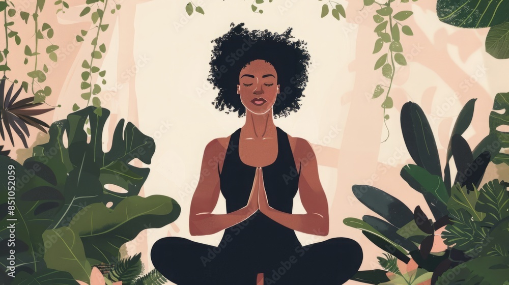 A woman with curly hair sits in a meditative pose surrounded by lush tropical foliage. A woman with curly hair sits in a meditative pose surrounded by lush tropical foliage.