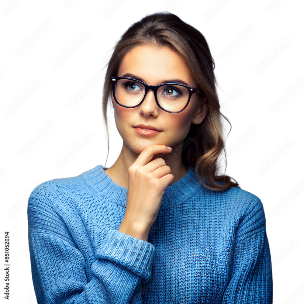 Thoughtful Young Woman Wearing Glasses and Blue Sweater on Transparent Background Thoughtful Young Woman Wearing Glasses and Blue Sweater on Transparent Background